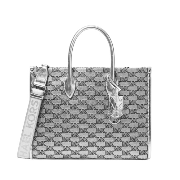 Michael Kors Mirella Medium Logo Jacquard Canvas Tote Bag Silver $558 Nwt - Picture 1 of 4